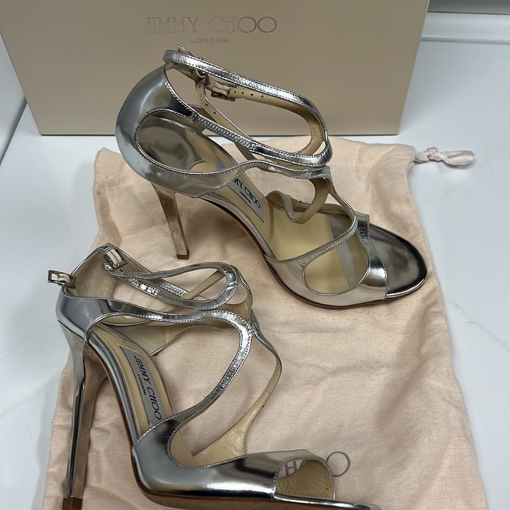 Jimmy Choo Lance mirrored silver size 36.5 matching clutch available